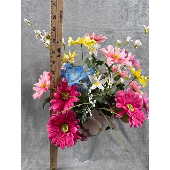 Artificial Floral Arrangement With Pink Yellow Blue & White Flowers In Metal Vas - Picture 4 of 5